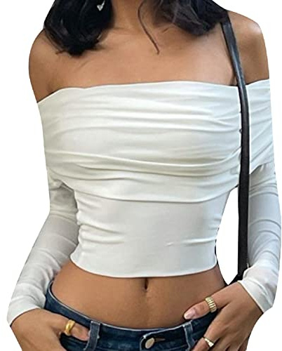 Women Elegant Off Shoulder Long Sleeve Slim Fit Crop Tops Solid Color Slash Neck Casual Basic T-Shirts Y2k Skinny Tops (A-White, S)