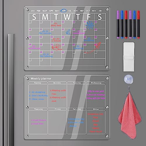 Akryl Magnetischer Monats-und Wochenkalender für Kühlschrank, 16 x12 Magnetische Abwischbare Kalender Transparente Monatsplaner und Wochenplaner aus Plexiglas für den Kühlschrank