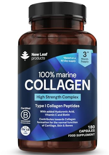 Pure Marine Collagen 100% Marine Collagen Type 1 1500mg - 180 Capusles Hydrolysed Collagen Peptides Enhanced with Hyaluronic Acid & Vitamin C, High Strength Collagen Supplements for Women and Men