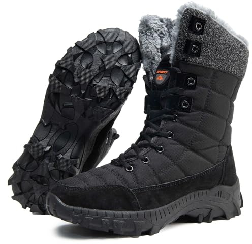 Maxome Mens Snow Winter Boots Warm Fur Lined Ankle Walking Boots for Men Waterproof Anti-Slip Mid Calf Hiking Walking Shoes Outdoor Lightweight Snow Shoes Black