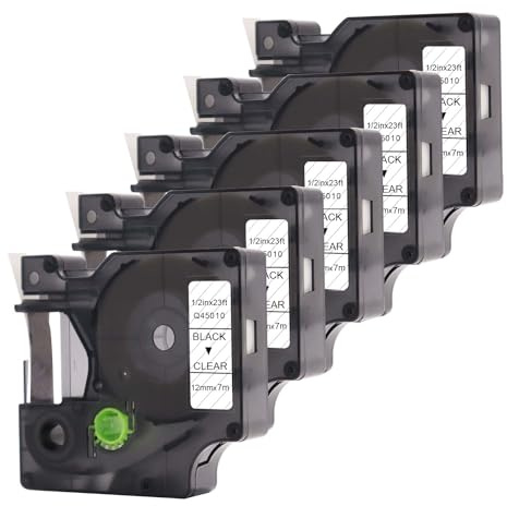 DOREE 5 Pack 45010 S0720500 Transparentes Ersatz-Etikettenband 12 mm x 7 m | Schwarz auf Transparent kompatibel mit dymo Etikettenband 12mm für Dymo LabelManager 160,280,300,210D,360D,420P, 500TS, PnP