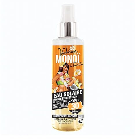 Eau Solaire Haute Protection Indice 30 - Ultra-légère & Invisible - Vahéma Monoï de Tahiti 140ml - Protection UVA/UVB - SPF30 - Senteur Tiaré - Protection solaire