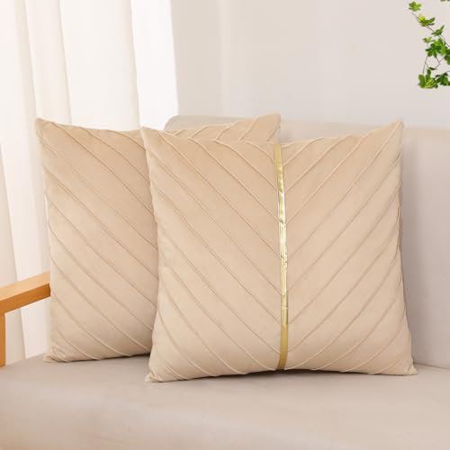 XIEJINJIA 2er Set Samt Kissenbezug mit Gold Leder Kissenhülle Sofakissen Dekorative Dekokissen Zierkissenbezüge für Couch Schlafsofa Wohnzimmer Schlafzimmer 45 x 45 cm Beige