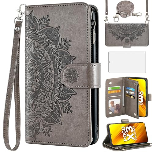 Asuwish Funda de teléfono para Xiaomi Poco X3 Pro/PocoX3 NFC/Poco X3 Funda tipo cartera con tapa con protector de pantalla y soporte para tarjetas de flores de mandala Mi PocoX3NFC Pocco X 3 3X