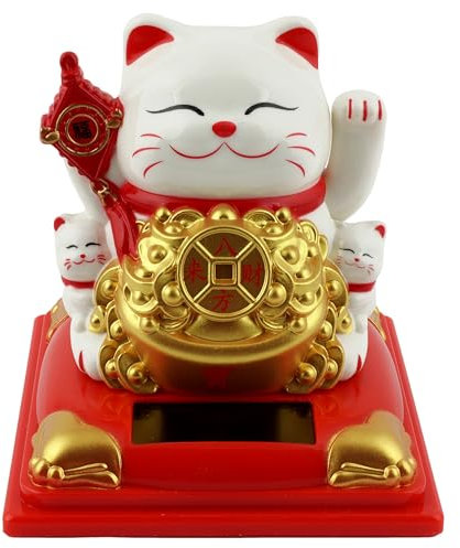 Freak Scene Glückskatze Maneki-Neko Knoten weiß Solar auf Sockel 8cm Winkekatze Lucky cat