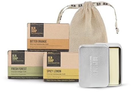 Feste Seifen für Männer (3 x 135 g) + Baumwoll-Seifensäckchen + Seifendose: 3-in-1 natürliche Männerseifen + Aufbewahrung + Seifenbeutel – Vegane Duschseifen Herren für Hand, Körper & Haare, BLN SOAP