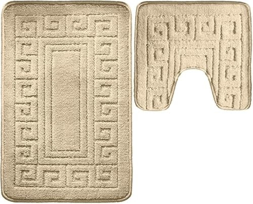 Pro Home Bath Mat Sets 2 Piece Washable 50x80cm – Non-Slip Toilet Mat and Pedestal Mat with Greek Pattern – Soft, Quick-Dry, Absorbent, Machine Washable, Ideal for Daily Use. (Mocha)