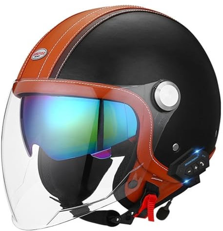 VVPEC Bluetooth Casque Moto Jet Vintage 3/4 Casque Moto avec Double Visière pour Scooter Chopper, Casque de Moto Demi-Jet Homme et Femme, ECEDOT Homologué(23,M(57~58CM))