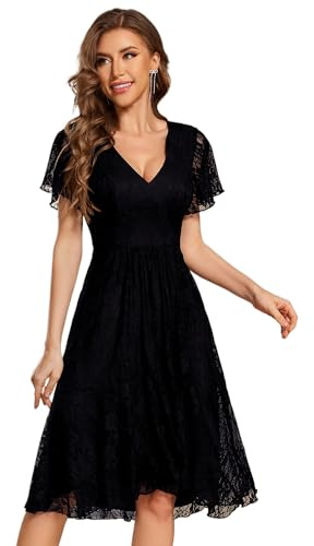 Ever-Pretty Vestido de Mujer Bordado Invitada de Boda Midi Cuello en V Corte Imperio Fiesta Negro 52