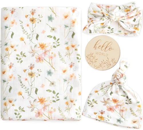 LifeTree Baby Pucktücher aus Baumwolle und Bambus, Große Musselin Tuch, 120x120cm Mullwindeln Baby Decke, Hut, Bogen und hölzerne Geburtstagskarte Set/Kleine Wildblumen Design