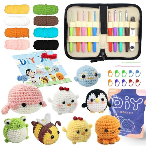 YAMAXIN Set per uncinetto e uncinetto, 2,0 – 6,0 mm, per principianti, 8 pezzi di balena, pulcini, pinguino, ape, rana, polpi, starter amigurumi, set per lavori a maglia e filati artigianali (8 pezzi