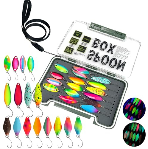 Spoons Trout, 16x UV-Active and Self-Luminous Trout Bait, Machilea Spoon Set with Box, Blinker Trout Spoon, Fishing Lure, Trout Bait, 1.6g/2.5g/3.5g