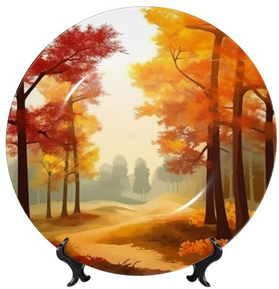 BSCKKDMN Assiettes décoratives en porcelaine anglaise - Paysage d'arbres d'automne - Assiette décorative en céramique avec présentoir - Assiettes à dîner - 17,8 cm - Ornements muraux en céramique pour