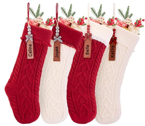 Relosy Weihnachtsstrümpfe, Kamin, Weihnachtsbaumschmuck, Ornamente für Urlaub, Familie, Freunde (V-Weiß/Rot, 4 Stück)