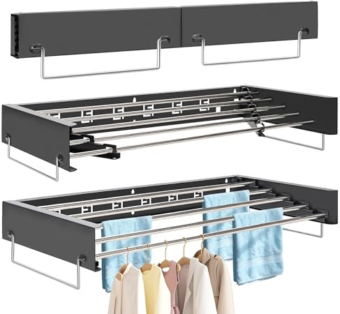 FREEAMG Wall-Mounted Retractable Clothes Airer with 6x100cm Rods(Black) | Foldable Drying Rack for Indoor & Outdoor Bathroom Use, Space Saving Laundry Dryer for Towels & Clothing