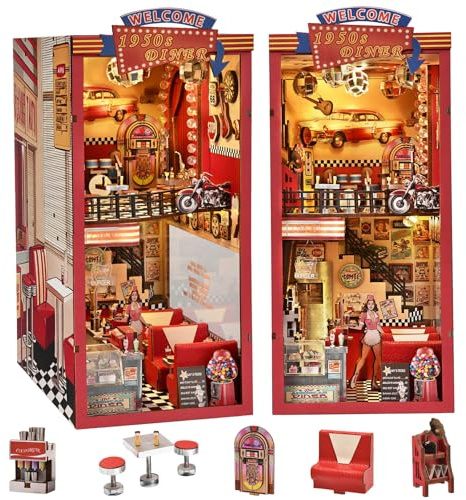 Fifijoy Kit de Maison de Poupée - Kit de Maison de Poupée Miniature à Faire Soi-Même pour Adultes et Adolescents, Décor de Bibliothèque Rétro Diner 3D en Bois avec Puzzle et Lumière LED, Cadeaux pour