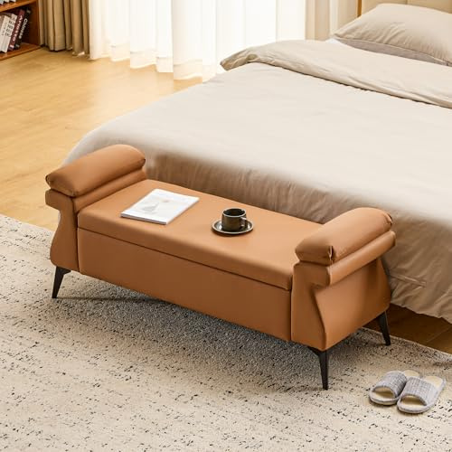 Ckaff Sitzbank mit Stauraum 128cm, Große Aufbewahrungsbank mit Kissen, Fußbank, Bettbank, Sitztruhe mit Armlehnen aus PU-Kunstleder für Wohnzimmer Schlafzimmer Flur, Schuhbank, Braun