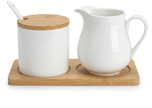 Ceramic Sugar and Creamer Set with Lid Spoon and Wooden pallets, Ceramic Coffee Bar Accessories, Cream Jug Sugar Jar, for Home Milk Coffee, Coffee Serving Set (White)
