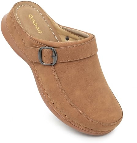 Goldnut Women's Dark Brown Closed Toe Clogs Mules Comfortable Clogs with Arch Support Buckle Lined Slip On Mules Sandals for Woman Size 8