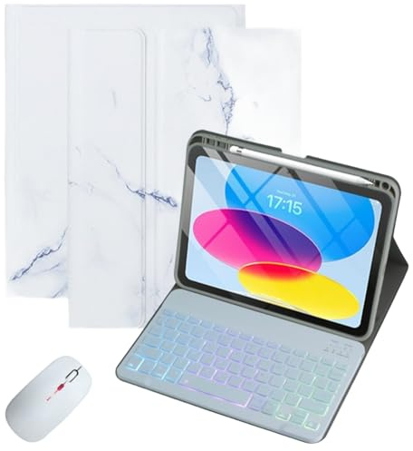 Compatible avec iPad 11{^>e<^} génération/Air 11 avec clavier Bluetooth rétroéclairé RVB + texture marbre + emplacement pour crayon supérieur + pavé tactile, comprend une souris Bluetooth sans fil