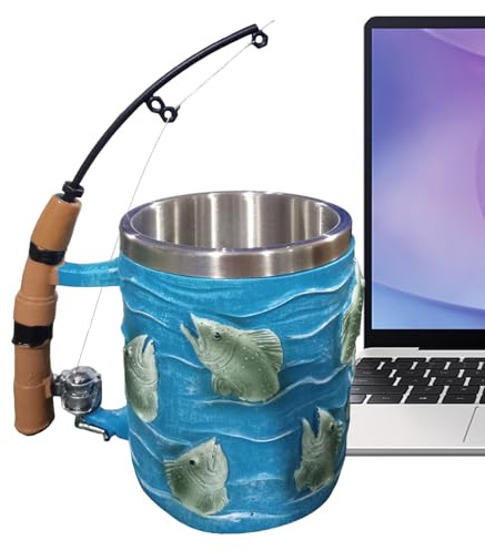 HonJiekomy Jolies tasses à café de pêche, 335 ml, tasse à café avec canne à poisson et moulinet, tasse à café sur le thème de la pêche, pour chocolat, thé, lait, vin, bière, cadeau de pêcheur,