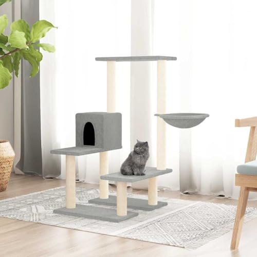 Tiragraffi tutto in uno, con colonne in sisal, grigio chiaro, 94,5 cm, torre di gatto con piattaforme di amaca, morbido peluche istinto graffio arrampicata relax