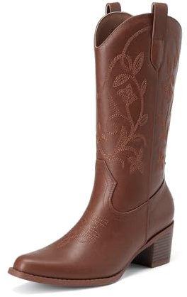 DREAM PAIRS Women's Western Mid Calf Boots Cowboy,Brown,10
