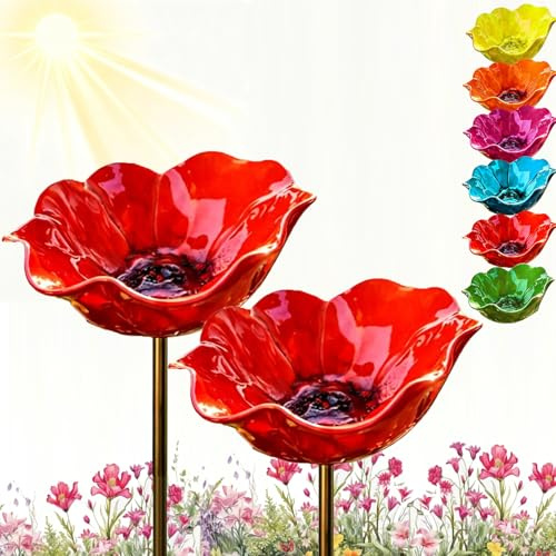 Blumen Gartenstecker VogelträNke, Bienentränke für Den Garten, Gartenstecker Metall, Erwecken Sie Ihren Garten Zum Leben, Ldeal für Beete & Wege (2pcs*Rot,Metallic)