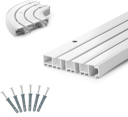 DQ-PP GARDINENSCHIENEN und Rundbogen Set – 200cm – PVC – 3-läufig – Weiss – inkl. Befestigungsmaterial – 2m (2 x 100cm + Verbinder) – Gardinen Schiene Vorhangschienen