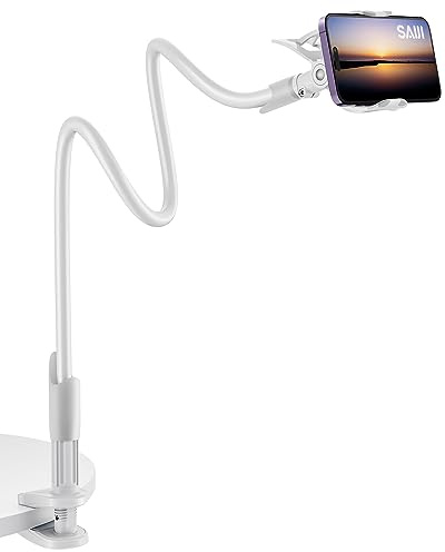 SAIJI Mobiltelefonhållare med svanhals, universell klämma, monteringsfäste, handsfree, flexibel lång arm, grepp för 4–7 telefoner, mobilstativ, babymonitor för skrivbord, säng, kontor, kök (vit)
