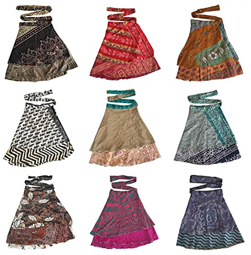 Wholesale 5 Pcs Lot Two Layers Women's Indian Sari Magic Wrap Around Mini Skirts Short Skirts
