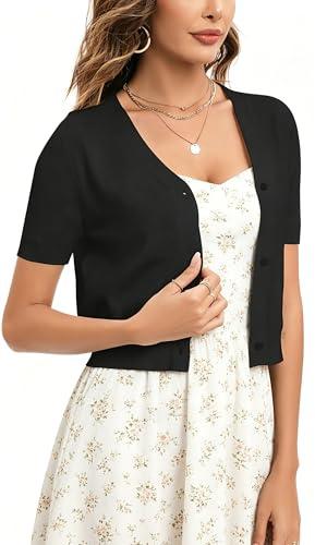 Boléro Femme Cardigan Court Gilet Veste Tricot Bouton Manches Longues pour Robe T Shirt Bretelle Chic Elégante Soirée Fête Décontracté