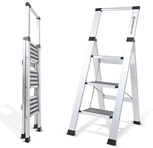 EPROSMIN Step Ladder 3 Step Stool with Integrated Handrail, Aluminum Ladders with Anti-Slip Wide 3 Tread, Folding Steps Anti-Slip 150kgs Capacity Safety Household Ladder (Silver)
