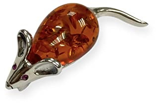 Miniature Style Mouse/Rat with Amber Stone and Ruby Eyes Pin Brooch 925 Sterling Silver