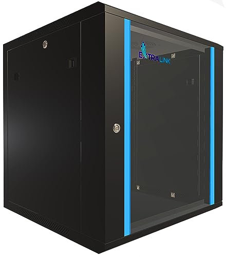 EXTRALINK Rack 19 pollici 12U - Armadio rack 600x600 mm, per montaggio a parete o a pavimento, capacità di carico 60 kg, porta in vetro temperato, apertura porta a 180°, nero