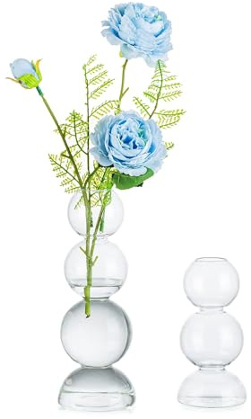 Glasseam Unique Flower Vase Set of 2, Cute Small Glass Vases for Flowers, Modern Clear Vases for Decor, Aesthetic Single Bud Vase, Round Decorative Bubble Ball Vase for Dining Table Decorations
