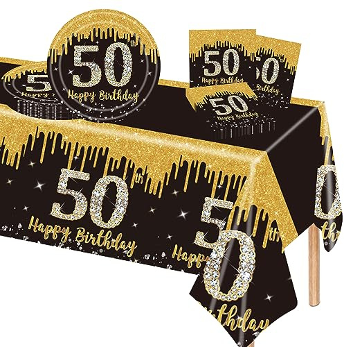 POPOYU Schwarz Gold 50. Geburtstag Partygeschirr Set,Papierteller 9 Zoll Servietten Rechteckige Tischdecke,37 Stück Schwarz Gold Partygeschirr Set für Männer Frauen 50. Geburtstag Party Dekorationen