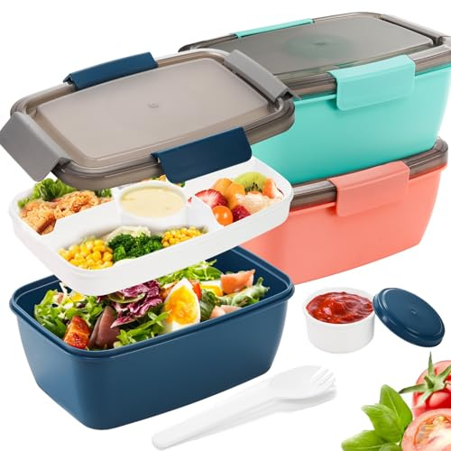 Youeon Salatbehälter mit Tablett mit 4 Fächern, 175 ml, Bento-Lunchbox mit Löffel und Ankleidebecher, auslaufsicherer Salatbehälter für Mittagessen, Dressings, 3 Stück