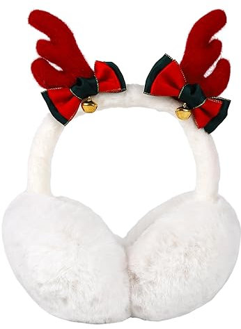 Hileyu Ear Muffs for Men & Women, Winter Warm Ear Muffs Portable Foldable Earmuffs Fleece Plush Ear Warmers Ear Covers with Antler (White)