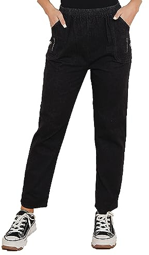 Cherry Berry Mom Jeans - Full Length Elasticated Waist Pants for Women's Casual Wear - Stretchy Comfy Straight Fit Jeans