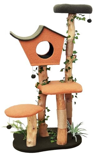 Fudajo Kratzbaum mit Pflanzendeko 154 cm, Katzenkratzbaum mit Teddyfell und Birnbaumholz, Katzenhaus mit Spielbällen, Katzenmöbel mit Plattformen