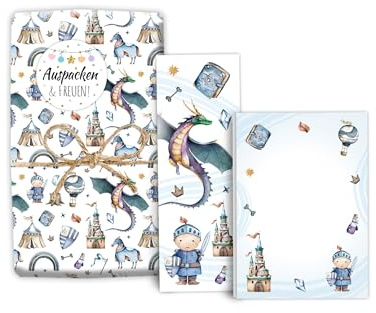 Mitgebsel-Set 10 Geschenkpapierbögen + 10 Lesezeichen + 10 Mini-Notizblöcken + 10 Aufkleber für Mädchen Jungen Gastgeschenke für Kinder Jungsgeburtstag Ritter Drache Motto-Party Giveaways