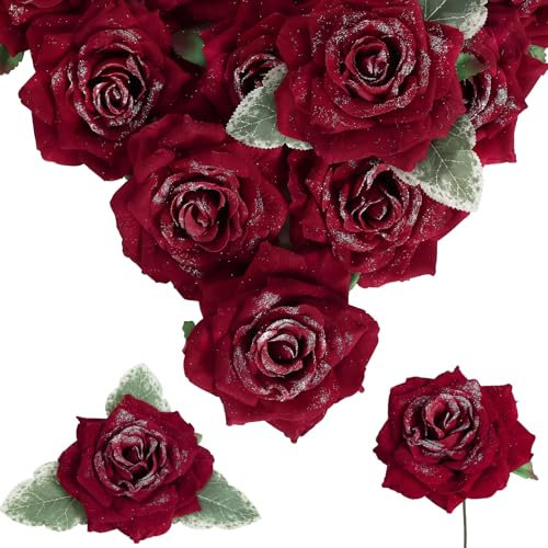 INSUNSIX Rose rosse glitterate artificiali in velluto – 10,9 cm, 16 rose finte per bouquet da sposa, pareti di fiori, centrotavola floreale