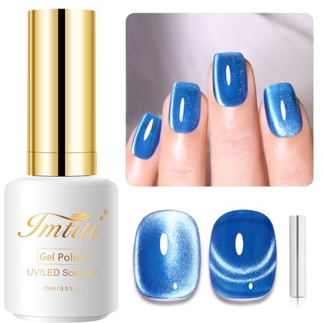 Imtiti Moonlight Cat Eye Gel Nail Polish, 15ml Sea Blue Holographic Crystal Diamond Glitter Magnetic UV Soak Off Gel Nail Polish with Magnetic Stick for Nail Art 1Pcs