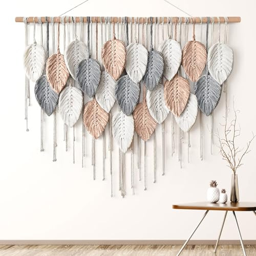 Alynsehom Large Macrame Wall Hanging, Boho Woven Tapestry, Chic Modern Bohemian Handmade Leaf Feather Wall Art Home Decor for Apartment Dorm Living Room Bedroom Nursery Backdrop (39 W X 29.5 L)