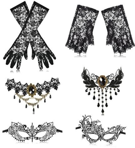 YUNHENTONG 6 Pièces Masque de Dentelle Noir,Collier en Dentelle,Gants en Dentelle,Décoration de Masques de Carnaval Mascarade (ferrous B)