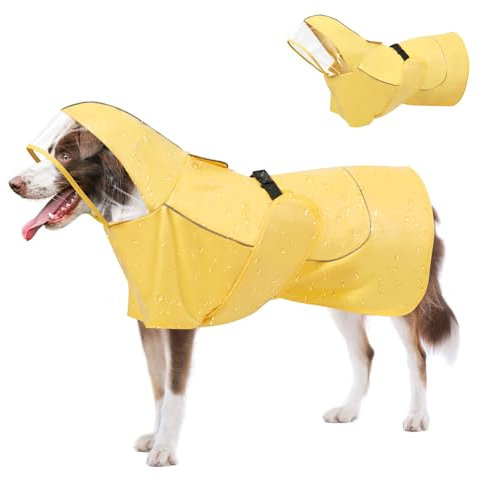 VavoPaw Regenmantel Hund, Verstellbar Regenjacken für Kleine, Mittlere, Große, und Kleine Hund, Wasserdicht Hundejacke mit Kapuze & Reflektorstreifen, Hunderegenmantel Poncho mit Magic Tape, Gelb, M