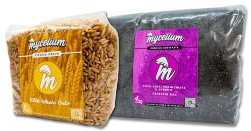Mycelium Substrat de champignons monobaignoire | 1,8 kg CVG (coco de coco, vermiculite, gypse) et grains d'avoine entiers de 0,9 kg | Substrat en vrac pour monotubes et sac de culture de champignons |