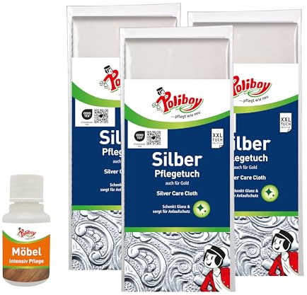 Poliboy panno per lucidare l'argento, panno per lucidare l'argento contro l'appannamento, panno per lucidare l'argento riutilizzabile per posate e gioielli, 3x 1 pz, con campione, prodotto in Germania