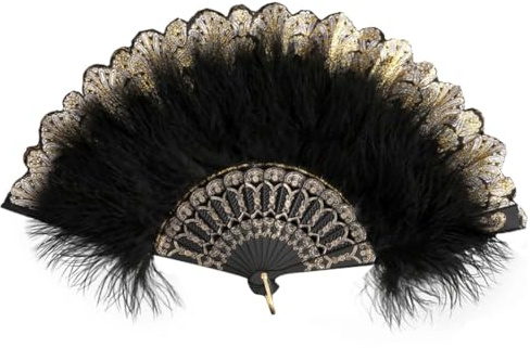 Federfächer, 1920er Jahre Vintage Faltbar Handheld Handfächer, 20er Jahre Gestickte Blume Folding Feather Fan für Hochzeit Halloween Tanzen Show Tee Party Kostüm Dekoration marabou- Schwarz